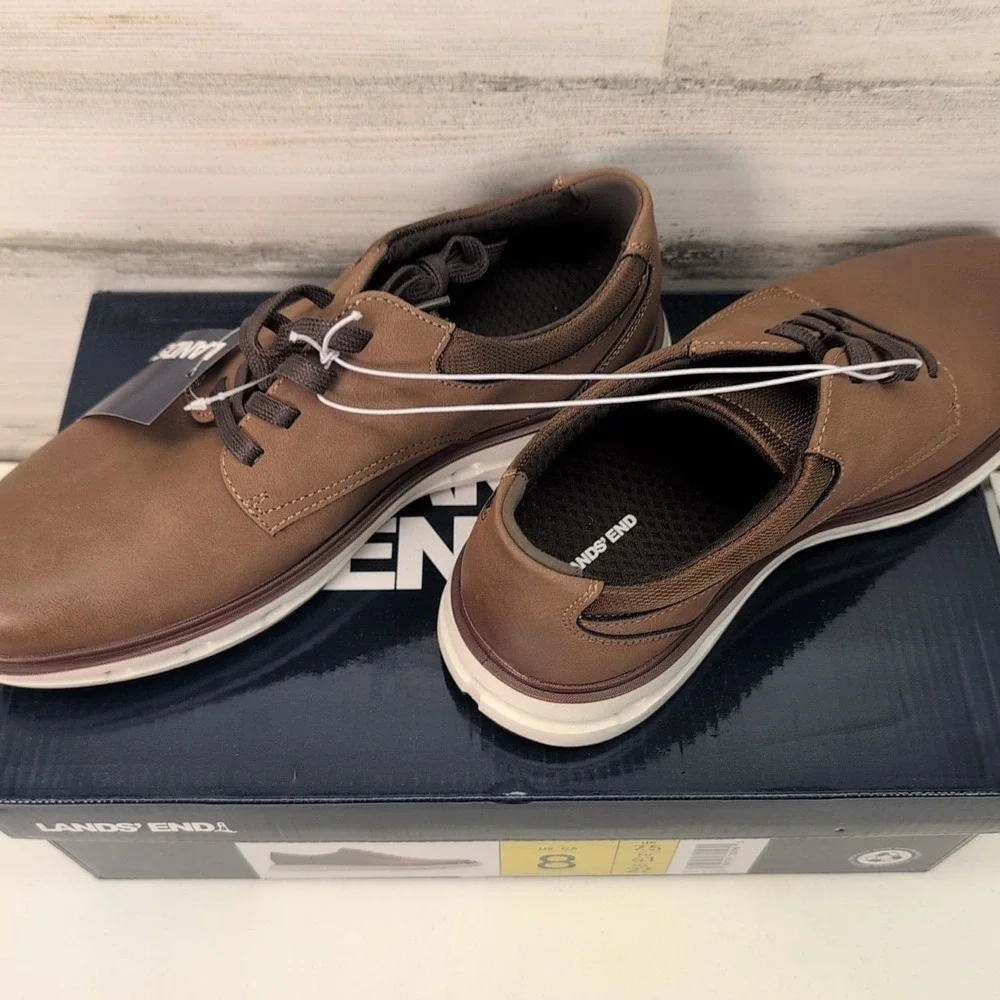 Lands End Sport Oxford Shoes Mens Dark Tan Brown Cushioned White‎ Sole NIB